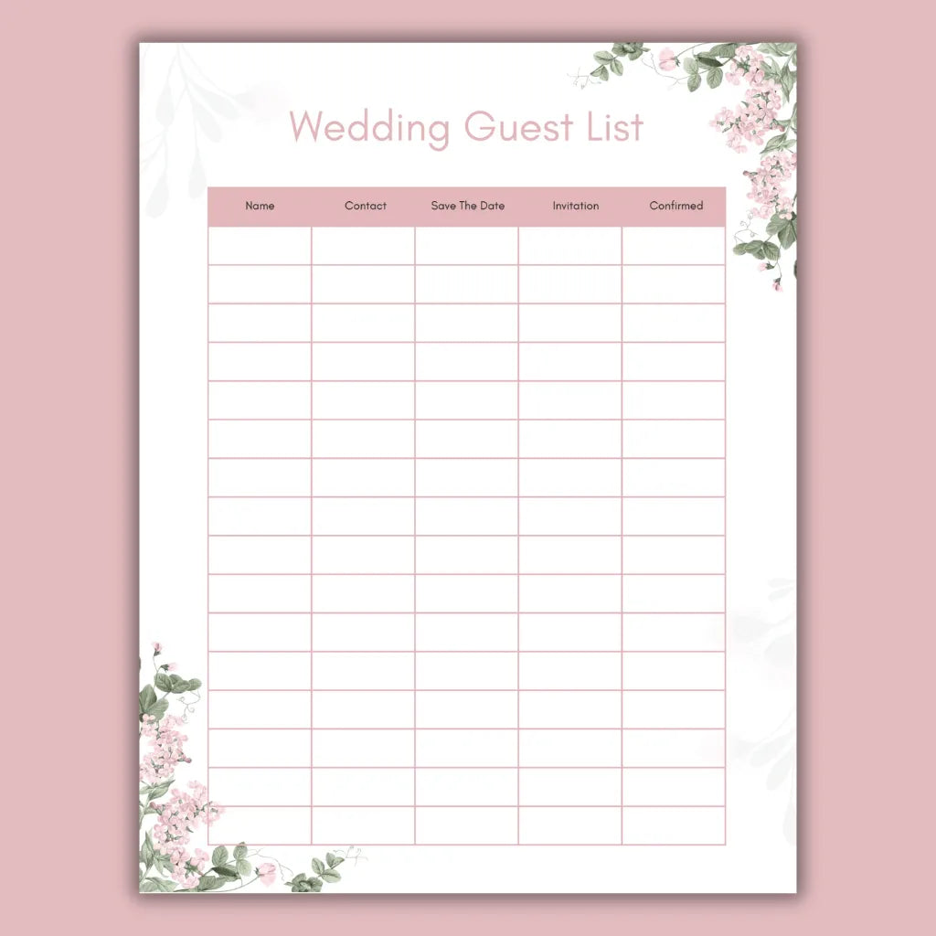 Pink Floral Wedding Checklist