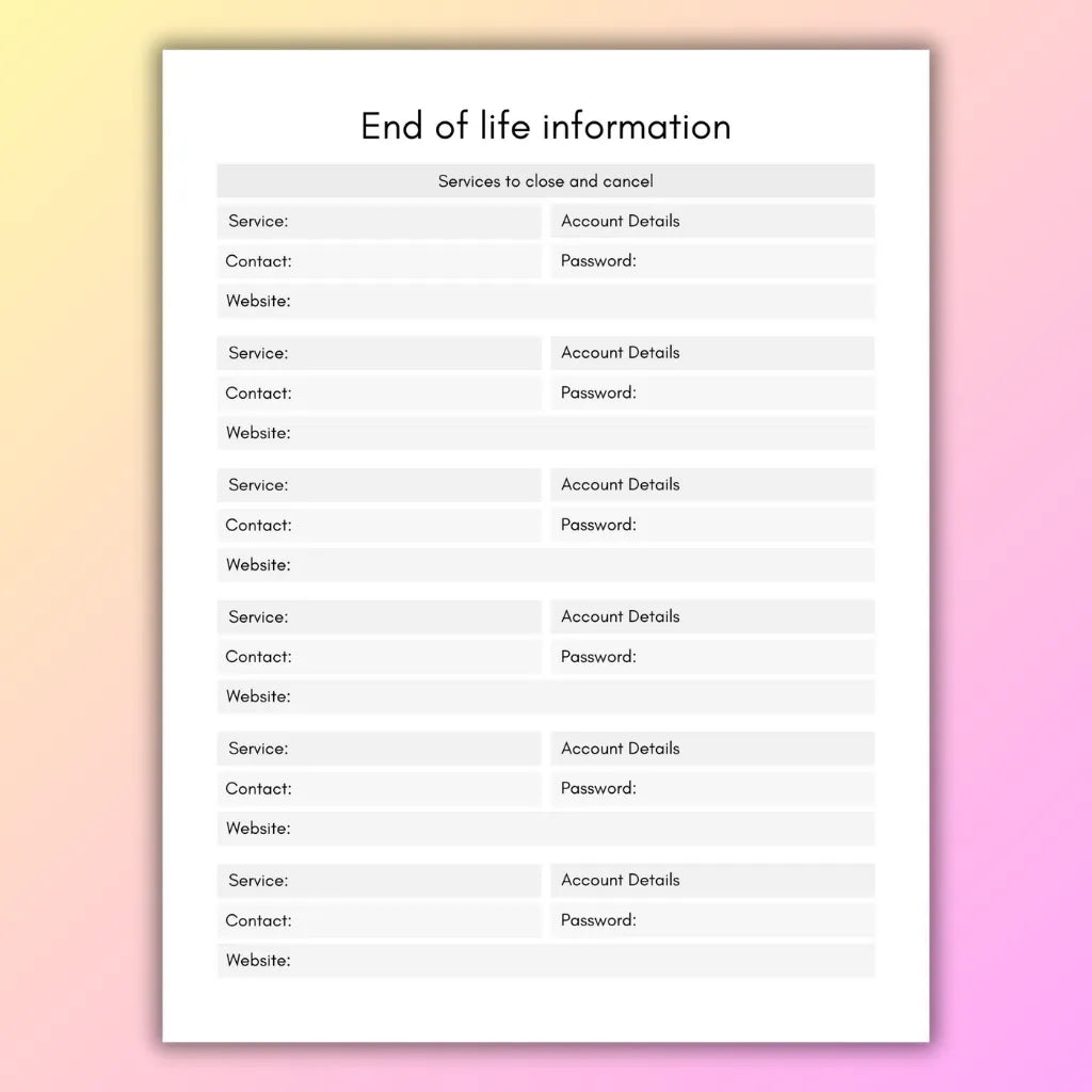 End of Life Information Binder