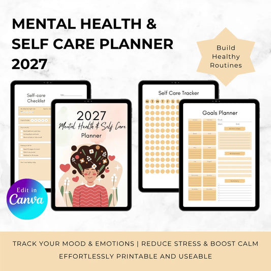 Mental Health & Self Care Planner 2027 with digital tools on a white background